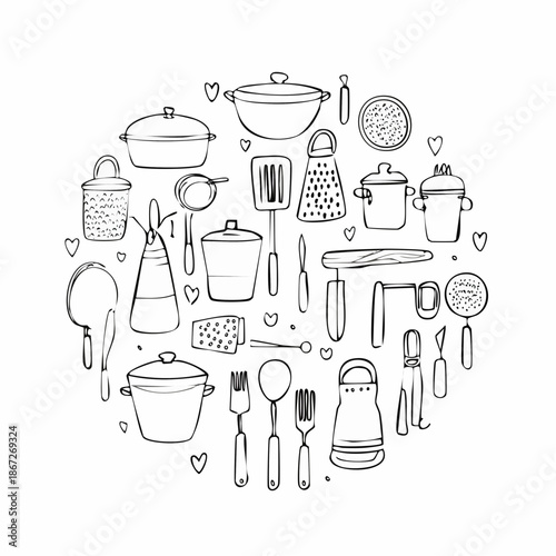 Hand-Drawn Kitchen Utensils and Cookware Arrangement Creating a Circular Design