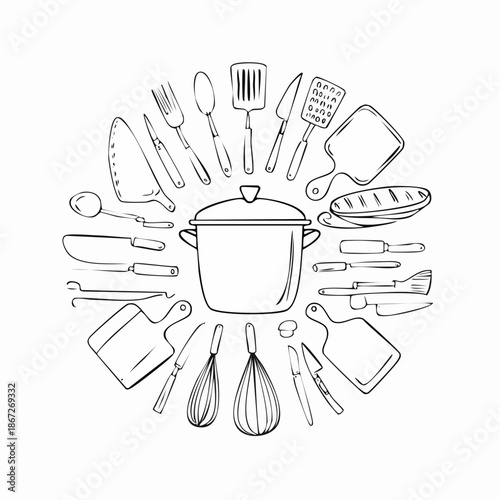Hand-Drawn Kitchen Utensils Illustration: A Creative Composition of Culinary Tools