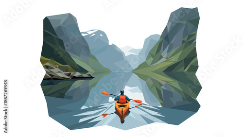 Geometric landscape with kayaker in tranquil fjord scene