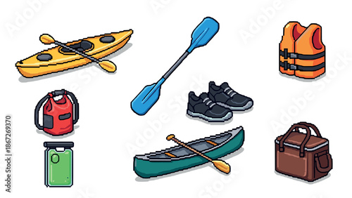 Pixel art canoe and kayak equipment with accessories for outdoor adventure