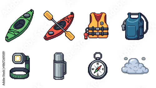 Adventure gear icons: pixel art of kayaks, compass, life vest, and more