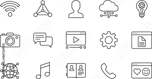 Technology and Communication Line Icon Set Featuring Wireless Signal, Cloud Computing, Social Media, Video Player, Network Connections, Creative Innovation, and Multimedia
