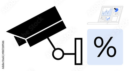 Security, analytics, data privacy, monitoring, analysis, control. ion of a surveillance camera, percentage symbol and a computer displaying statistical graphs. Security and analytics concept