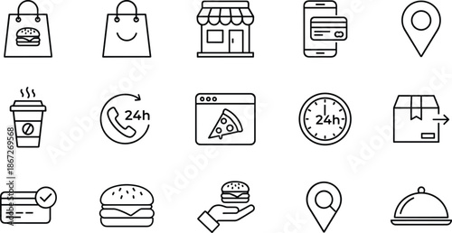 Online Food Delivery and E-commerce Icon Set Featuring Shopping Bags, Mobile Payment, Restaurant Storefront, Pizza Order, Logistics Shipping, and Fast Food