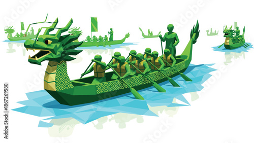 Dynamic low poly dragon boat racing scene with geometric elements