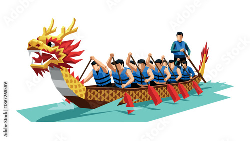 Colorful dragon boat race team in uniform rowing together on water
