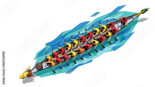 Colorful dragon boat racing with paddlers in water, top view design