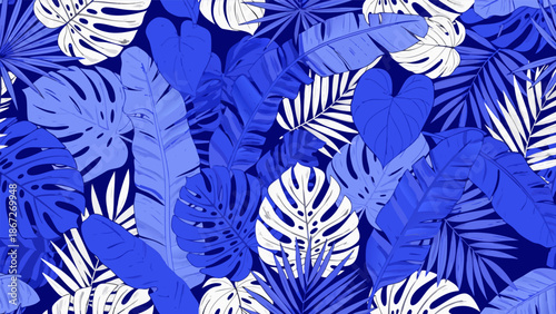 Seamless vector illustration of tropical plant leaves in shades of blue and white for a natural, botanical pattern
