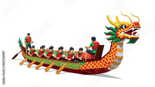 Traditional dragon boat racing with paddlers in colorful attire