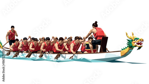 Low poly dragon boat race scene with team rowers in red uniforms