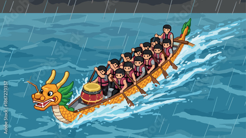 Pixel art dragon boat race in stormy waters with rowers paddling in synchrony
