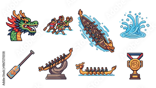 Pixel art dragon boat festival: traditional racing and celebration elements