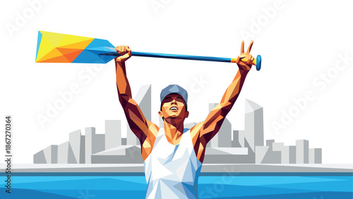 Geometric athlete celebrating victory with oar in vibrant style