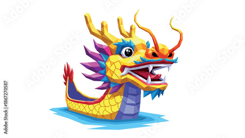 Colorful origami dragon boat head on water with geometric patterns
