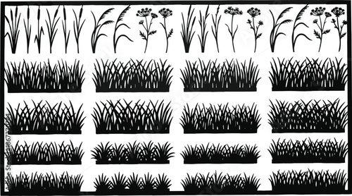 Black grass silhouette set, vector lawn shrubs, garden plant borders, meadow tufts, botanical weed icons, outdoor nature landscape, herbal farm elements.