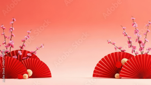 Red fans with cherry blossoms.