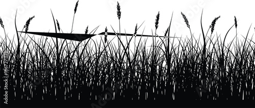 Black silhouette of wheat stalks, barley, and cereal grain plants isolated on white background for agricultural harvest landscape design elements.