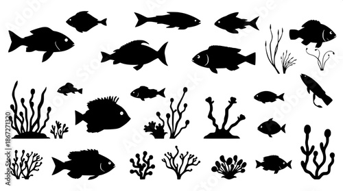 Underwater ecosystem icon pack featuring monochrome black silhouettes of various marine life forms, including fish, coral, and seaweed, in vector flat design, with clean lines, simple shapes, and a mi