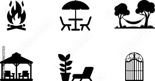 Black silhouettes of various garden and outdoor icons including fire pit patio furniture