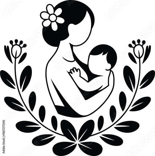 Mother and baby silhouette illustration, black and white maternal love symbol, minimal floral emblem, motherhood family care concept