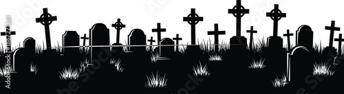 Black graveyard silhouette with tombstones and celtic crosses on grass field isolated on white background for spooky halloween border designs