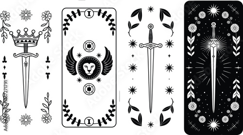 Mystical tarot sword cards illustration set, vintage occult symbols, celestial dagger designs, esoteric divination artwork, elegant vector style