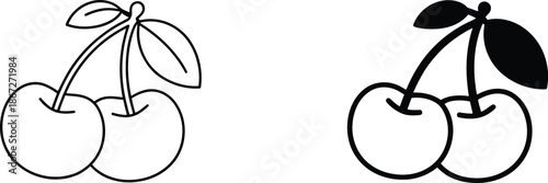 A black and white illustration of two clusters of cherries with leaves