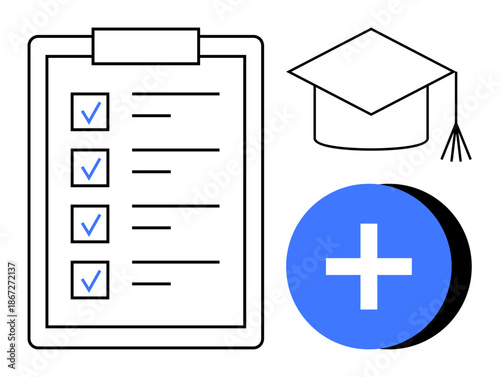 Education concept. Education planning ed by a checklist, graduation cap, and plus symbol. Focus on learning objectives, academic growth, and success. For e-learning, development training