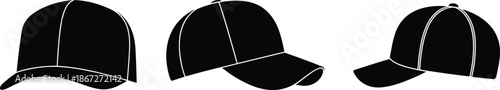 Black Baseball Cap Silhouette Set From Multiple Angles Sport Headwear Vector Illustration Isolated On White Background