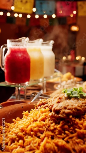 Serving Hot Mexican Rice and Refried Beans With Fresh Juices for Celebration
