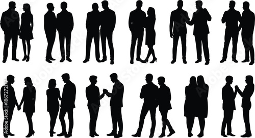 Business People Communication Silhouettes Collection Showing Men and Women Standing Talking Meeting and Handshake Poses Isolated on White