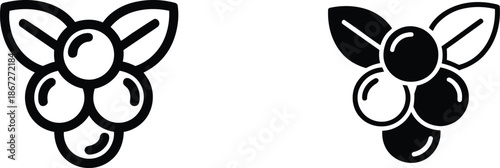 Black and white illustration of two clusters of grapes with leaves