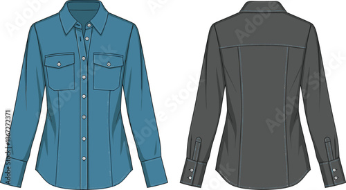Front and back view of long-sleeved button-up shirt, blue and gray garment design, fashion illustration, tailoring details, transparent background, clothing construction concept