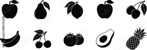 A collection of black and white illustrations of various fruits