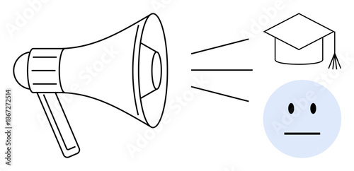 Communication, education, announcements, knowledge sharing, information dissemination, learning concepts. Megaphone emitting a message by a graduation cap and person. Communication and education