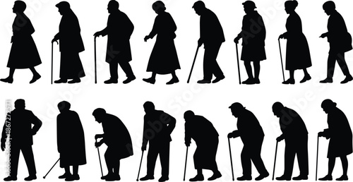 Elderly People Silhouettes Collection Showing Senior Men and Women Walking With Canes and Stooped Poses Isolated on White Background