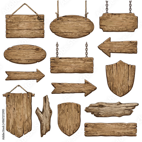 Collection of rustic wooden signs and boards.