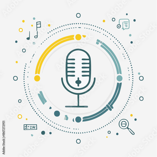 Retro microphone illustration with vibrant geometric elements for audio design and podcasting