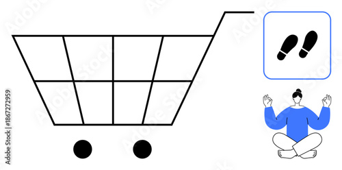 Conscious shopping, mindfulness, sustainability, eco-friendly choices, self-awareness, personal growth. A minimalist shopping cart, meditation figure and footprint sign. Conscious shopping