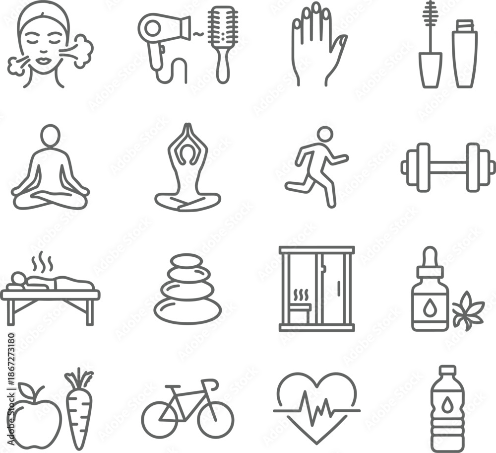 Fototapeta premium Set of 20 black line icons for wellness, fitness, and self-care including skincare, yoga, nutrition, and relaxation symbols