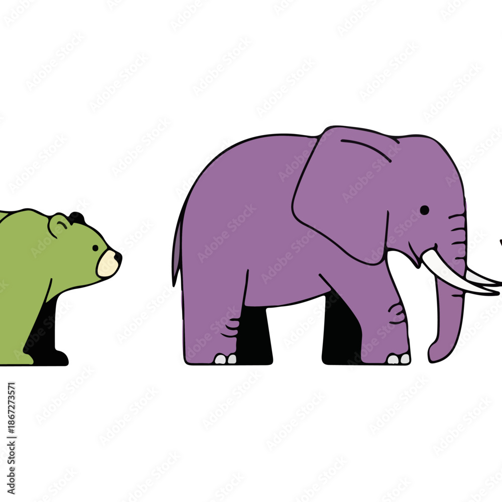 Fototapeta premium Cartoon bear and elephant standing side by side.