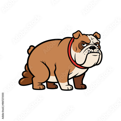 Cartoon illustration of a grumpy brown bulldog with a red collar.