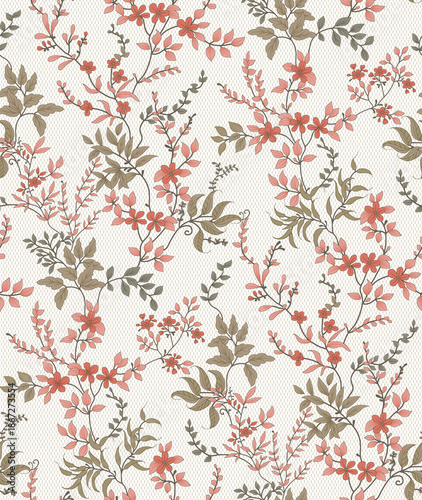 Photos seamless floral pattern with small red or rust-colored flowers, muted green leaves, and delicate branches set against an off-white or cream background