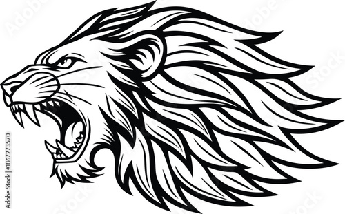A fierce lion head vector illustration featuring a tribal black silhouette design of a wild predator face for a powerful animal tattoo, nature logo, or beast art drawing
