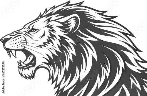 Isolated black and white vector illustration of a wild lion head mascot featuring a fierce animal face silhouette for a tattoo or wildlife symbol