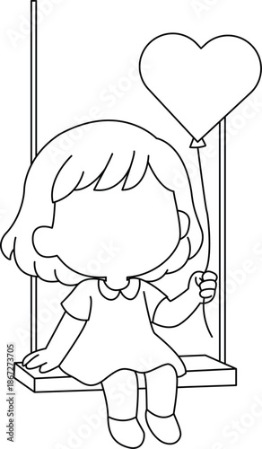 A faceless girl sits on a swing with a heart balloon