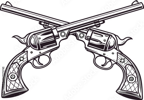 Vector illustration of a vintage black metal revolver handgun and scattered bullets isolated on a white background representing a dangerous western cowboy firearm weapon for military or crime themes