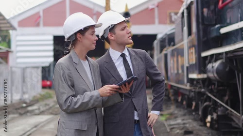 Businesspeople working on tablet and checking train on construction site 