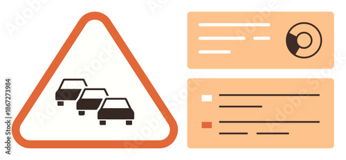 Road safety, traffic management, data analysis, transportation planning, urban mobility, warning alerts. Traffic congestion sign and analytics charts. Road safety and traffic management design