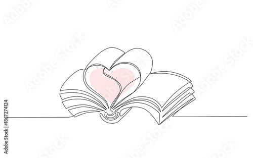 Minimal continuous one line illustration of an open book with pages forming a heart shape, symbolizing love for reading, education, knowledge, and romantic imagination. Editable stroke